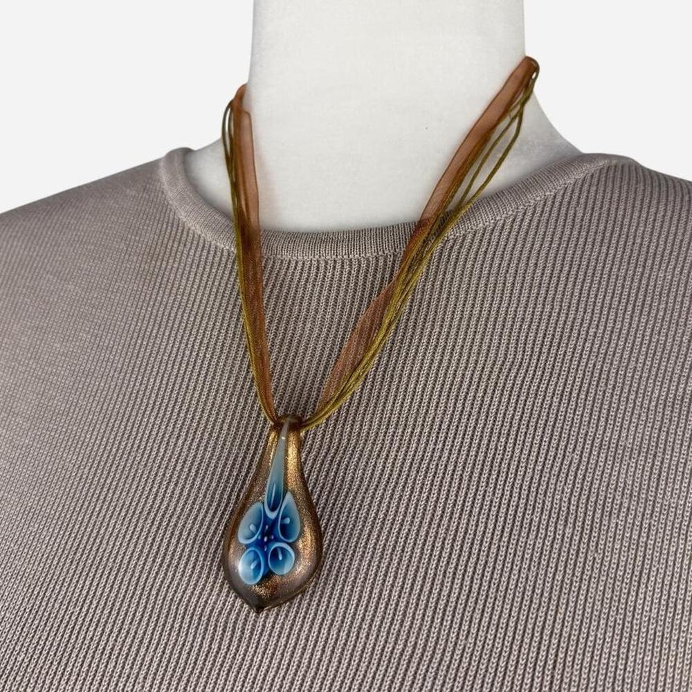 Pendent necklace statement ribbon glass flower botanical boho